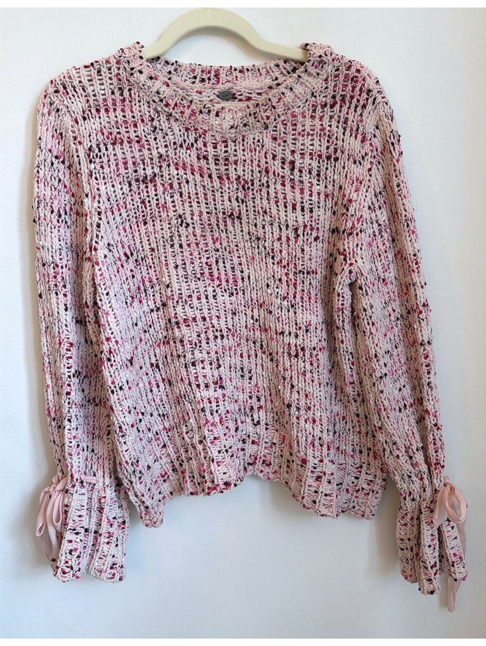 Cupio Coquette Pink/Red Chunky Knit Sweater M Bell Sleeve Bow Detail Feminine
